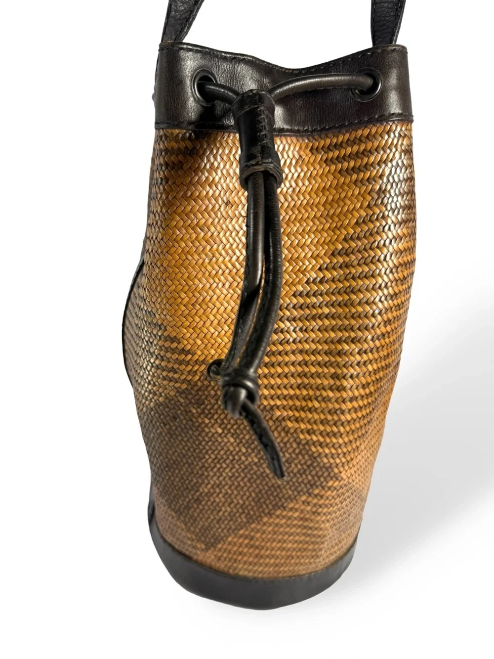 Source Unknown Brown and Black Woven Rattan / Leather Drawstring Crossbody Bag